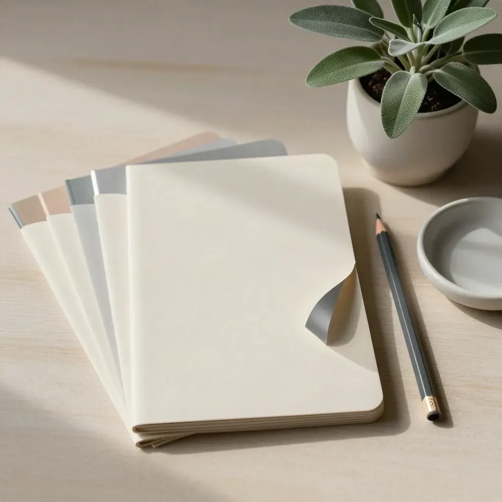 Top-down flat lay of blank presentation sleeves with pencil, plant and ceramic dish on pale wood.