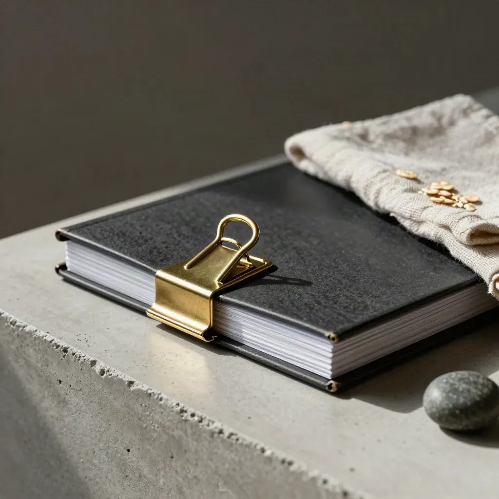 Brass clips bind a charcoal dossier beside folded cloth and a stone paperweight on concrete.