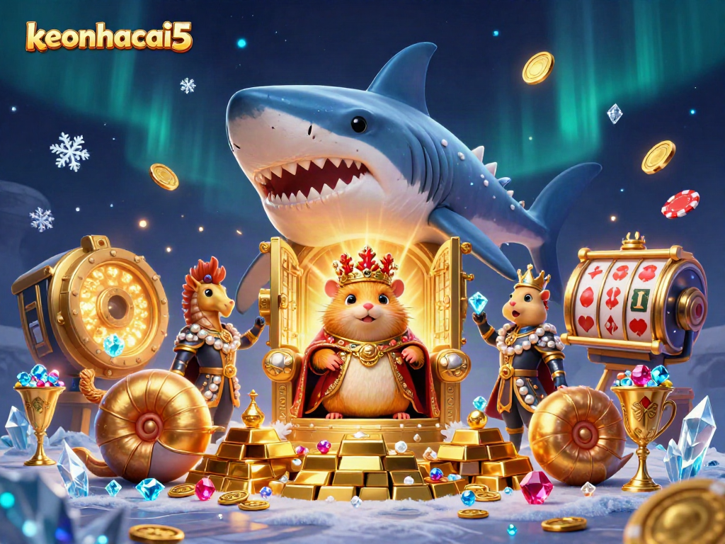Experience keonhacai5 as a vibrant scene showcasing a golden hamster king amid dazzling casino treasures.