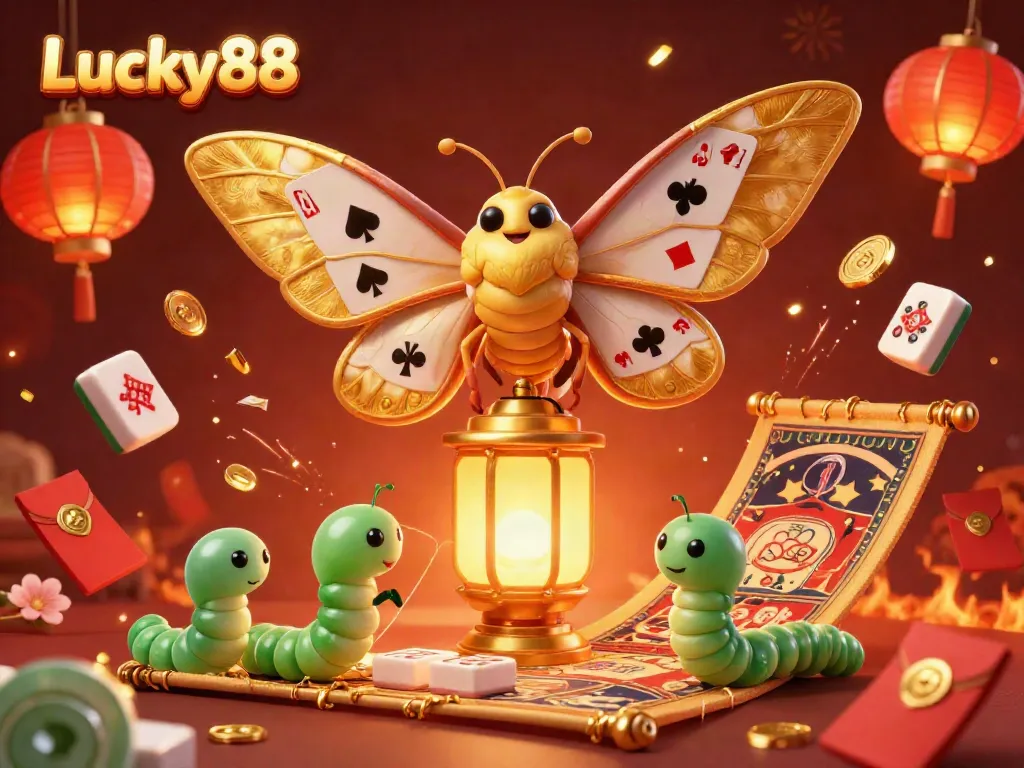 Experience the vibrancy of Lucky88 with a dazzling 3D casino scene featuring a golden atlas moth and festive elements.