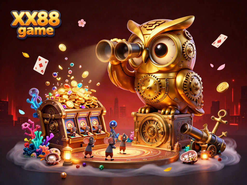 Experience the excitement of XX88 game with a dynamic illustration showcasing a golden owl and casino elements.