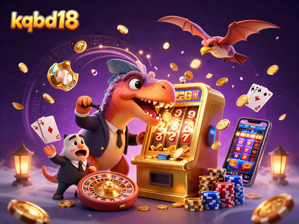 kqbd18 jackpot scene with cartoon dinosaurs celebrating slot wins and golden coins flying