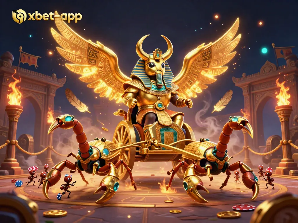 Bet with confidence at oxbet-app, featuring a colossal golden scarab beetle chariot scene.