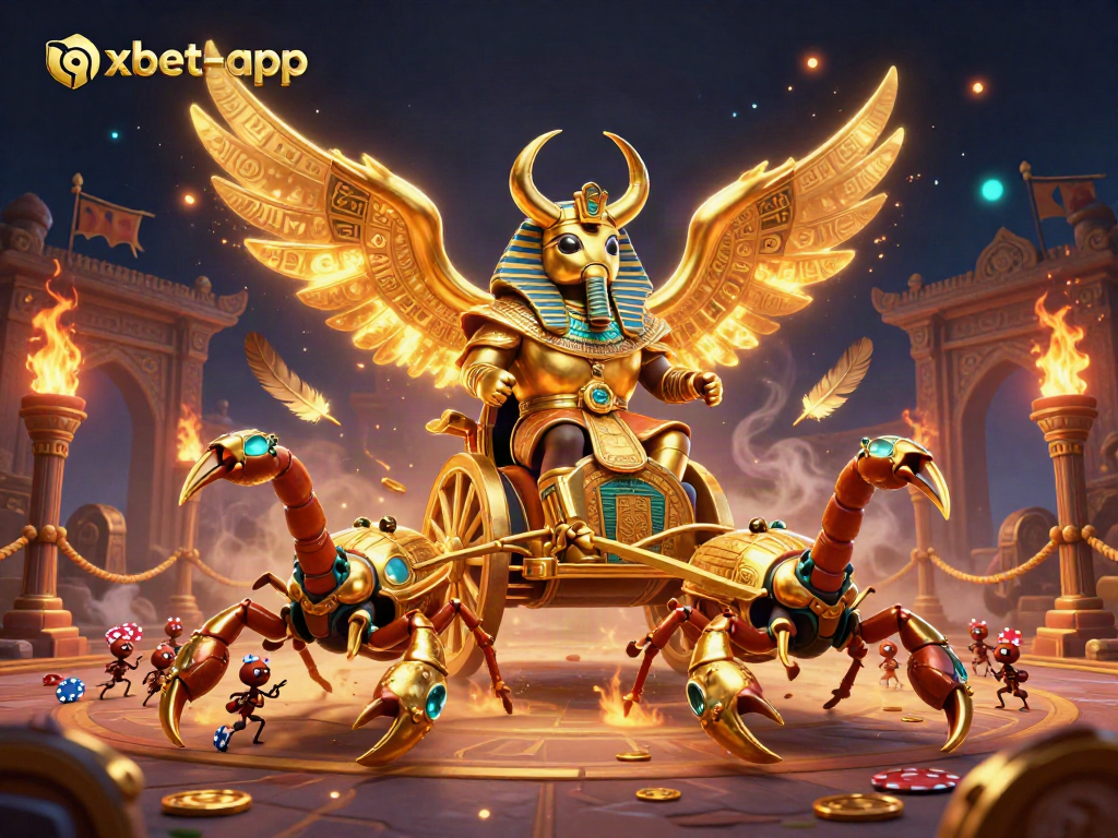 Bet with confidence at oxbet-app, featuring a colossal golden scarab beetle chariot scene.