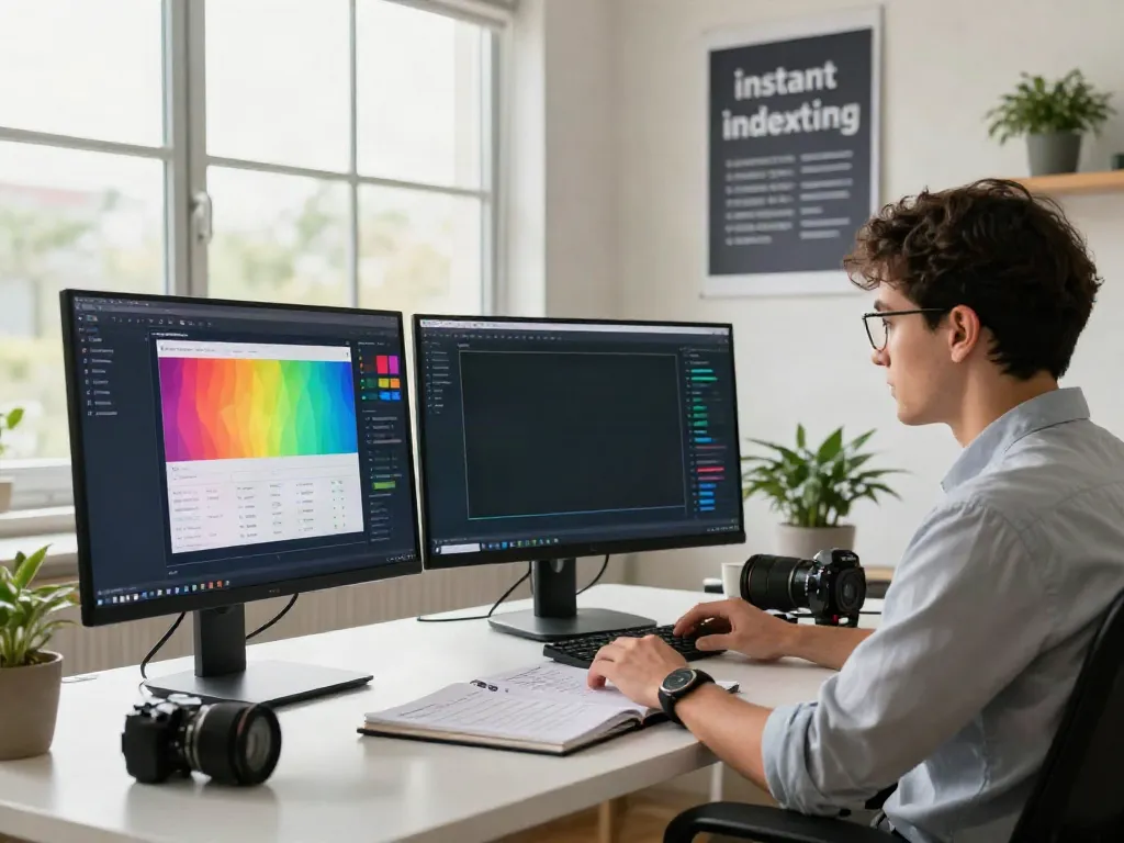Professional SEO analyst focusing on instant indexing metrics in a digital marketing workspace.