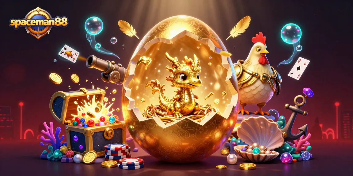 Win big with spaceman88 as a golden dragon emerges from a cracking egg surrounded by gambling treasures.