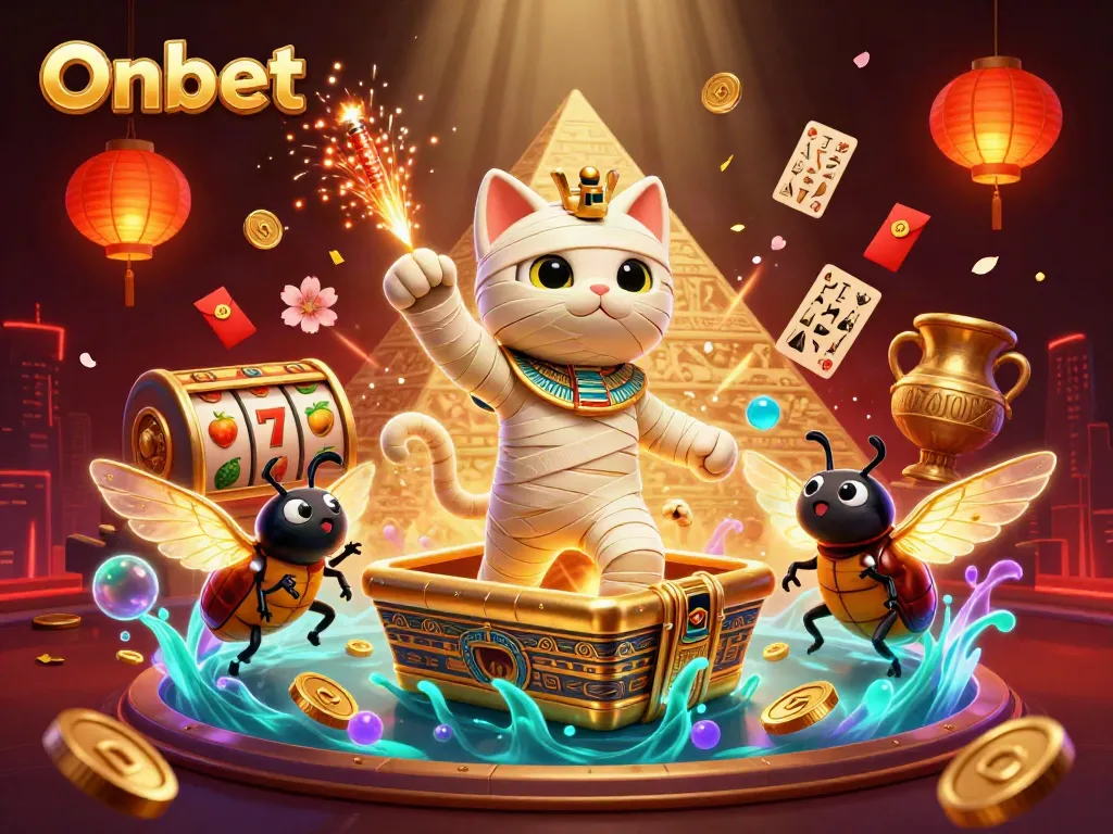 Experience the thrill with Onbet in a spectacular pyramid casino scene featuring an Egyptian mummy cat.