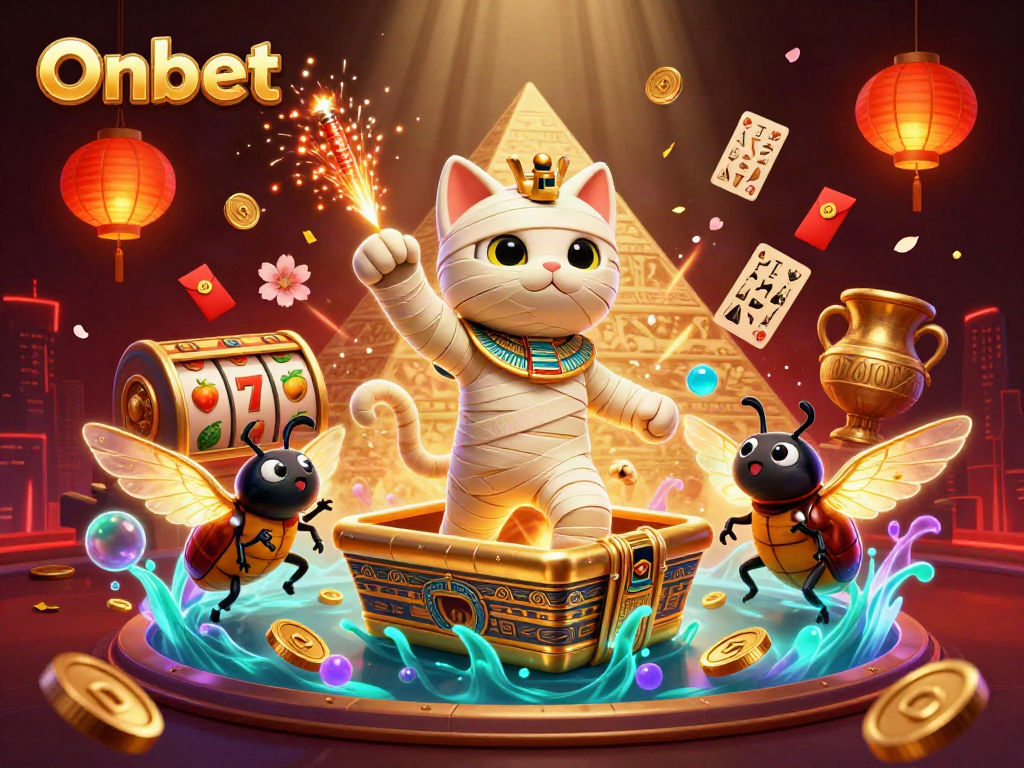 Experience the thrill with Onbet in a spectacular pyramid casino scene featuring an Egyptian mummy cat.