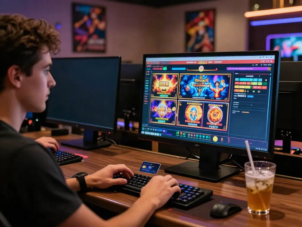 Player engaging with vibrant online slot games at casinos that take credit cards, with ambient casino-style lighting.