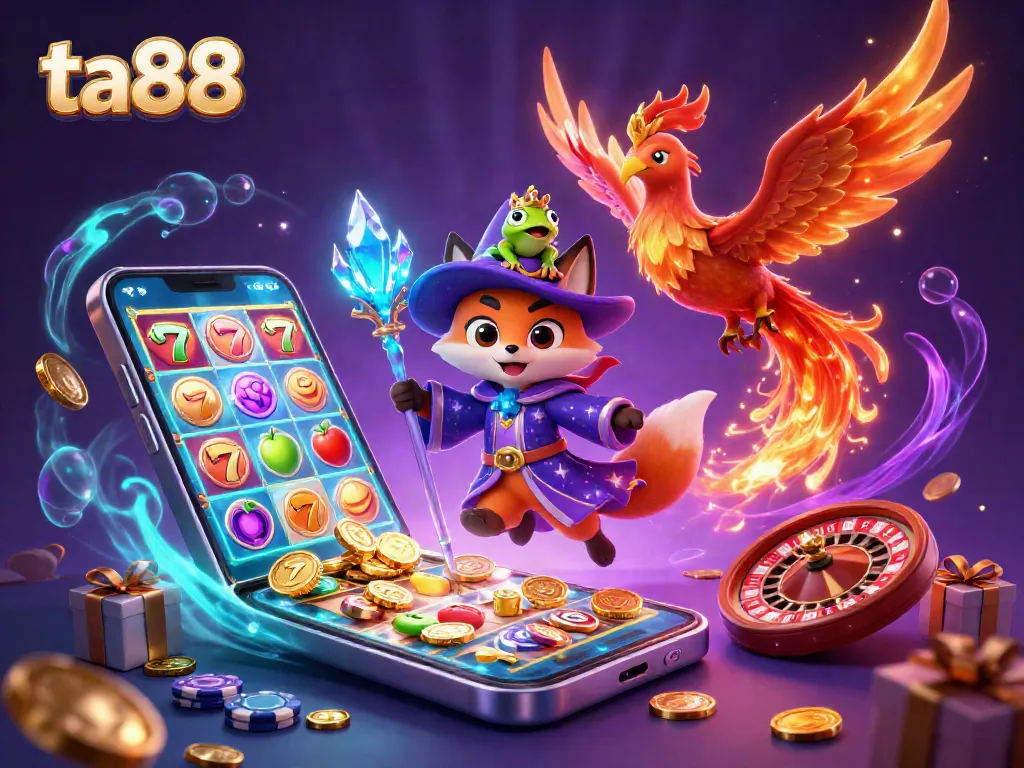 Experience thrilling ta88 adventures with a mystical wizard and phoenix in an enchanting casino scene.