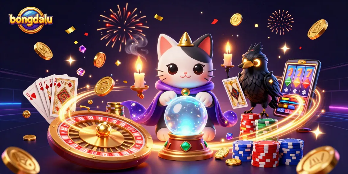 Bongdalu offers thrilling live scores and results, illustrated by a mystical fortune teller cat and tarot raven.