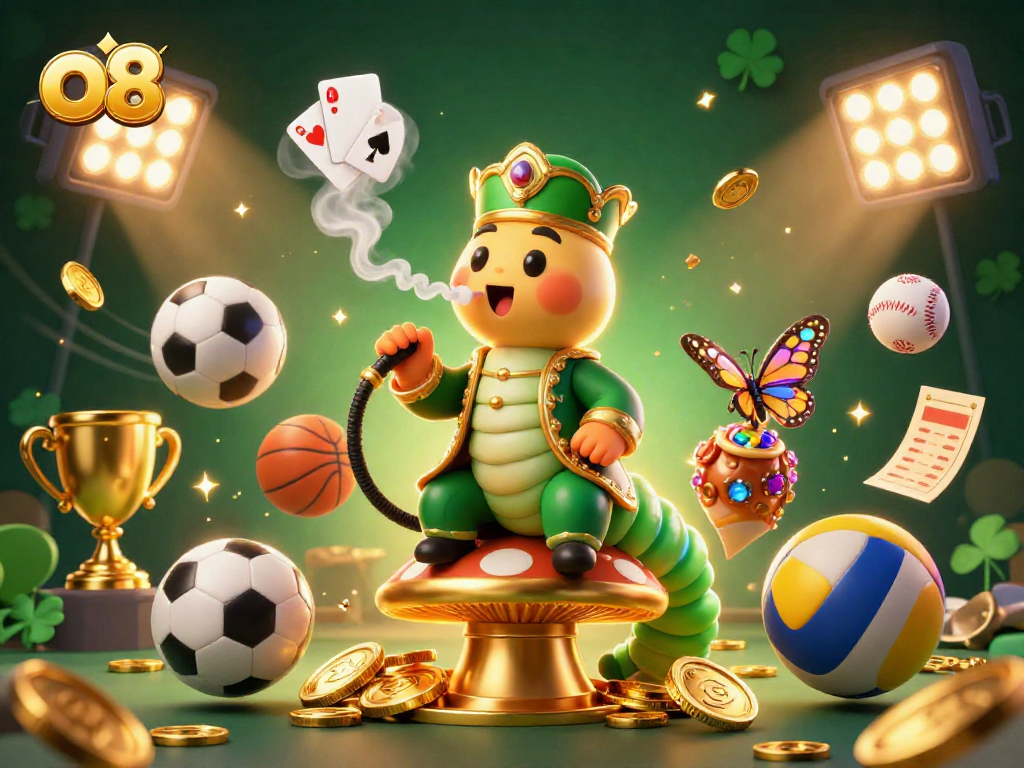 Experience the excitement of O8 with a vibrant 3D casino illustration featuring dynamic gaming elements.
