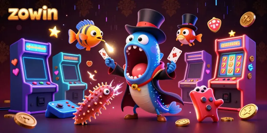 Engaging zowin-themed illustration showcasing a bioluminescent gulper eel in a magician's role amid vibrant gaming elements.