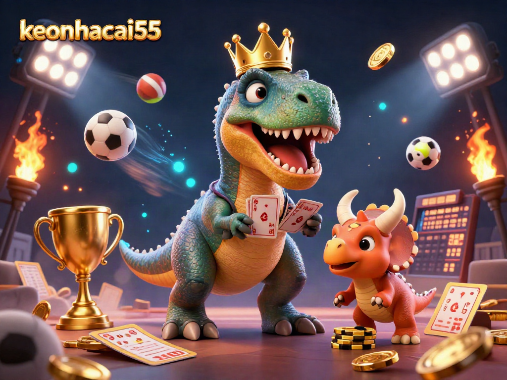 keonhacai55 offers an exciting gambling scene with a cartoon T-Rex shuffling cards and friends stacking chips.