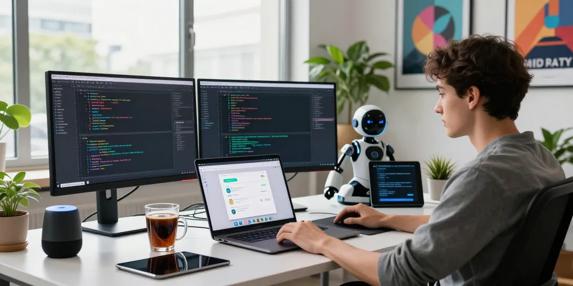An AI chatbot developer working in a modern workspace, showcasing code on multiple monitors and collaborative tools.