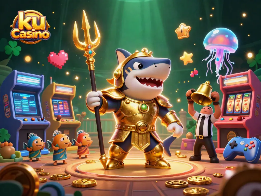 Experience exciting gameplay at ku casino featuring a fierce shark warrior in an underwater casino scene.