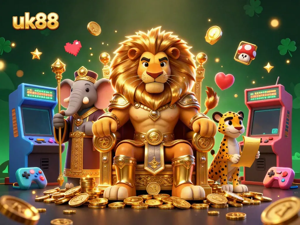 Experience the thrill of the uk88 casino with a regal lion king, wise elephant, and quick cheetah in a vibrant scene.