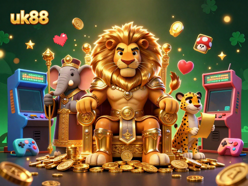 Experience the thrill of the uk88 casino with a regal lion king, wise elephant, and quick cheetah in a vibrant scene.