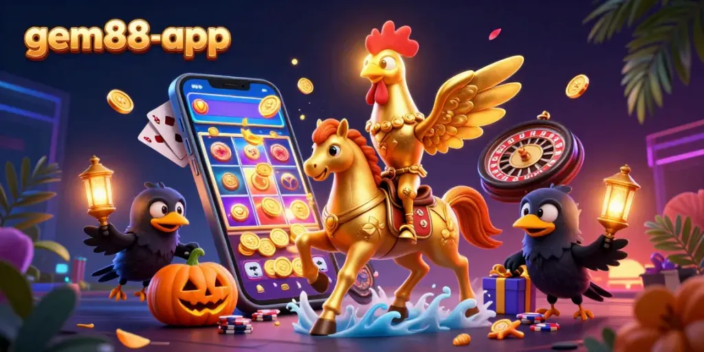 Experience exciting gameplay with the gem88-app in a vibrant casino illustration filled with action.