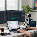 An AI chatbot developer working in a modern workspace, showcasing code on multiple monitors and collaborative tools.