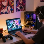 Player enjoying an ecchi game online in a cozy gaming space with posters and snacks.