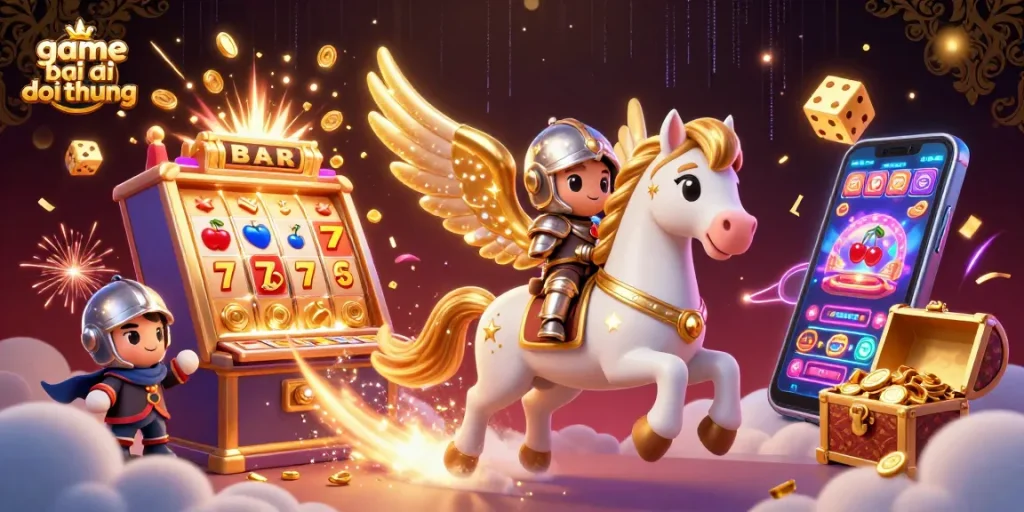 Experience the excitement of game bai doi thuong with our vibrant 3D illustration featuring a celestial horse and dynamic gaming elements.