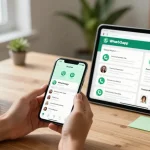 WhatsApp下載 interface displayed on smartphone in a lively workspace enhancing digital communication.