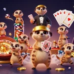 Engage with keonhacai5 in a vibrant casino scene featuring playful meerkat characters and exciting gaming elements.