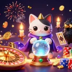 Bongdalu offers thrilling live scores and results, illustrated by a mystical fortune teller cat and tarot raven.