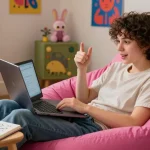Engaging NSFW chat scene with a user interacting with AI amidst a vibrant, cozy setting.