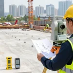 Measured building survey london conducted by surveyor using advanced technology in an urban construction site.