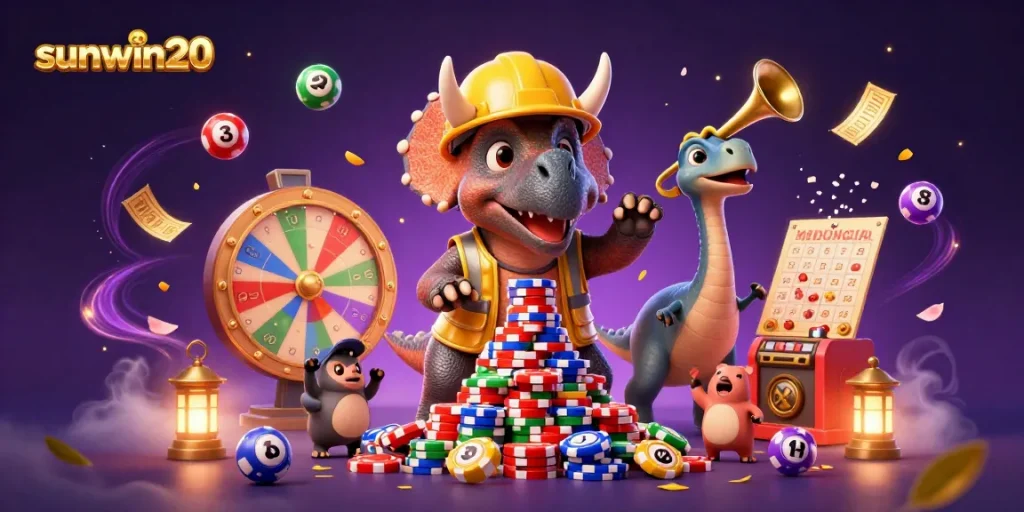 Engage with thrilling games at sunwin20 as a triceratops builds a poker chip pyramid in a festive atmosphere.