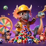 Engage with thrilling games at sunwin20 as a triceratops builds a poker chip pyramid in a festive atmosphere.