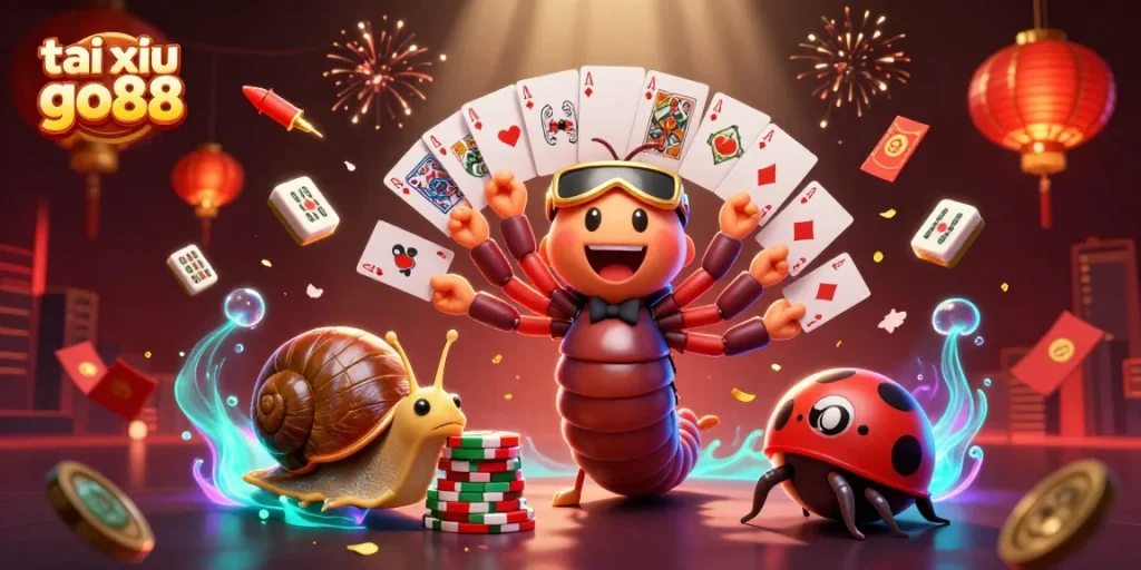 Tai xiu go88 animated scene with a millipede dealer, snail high-roller, and pill bug amidst gambling elements.