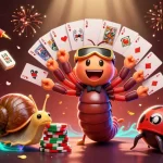 Tai xiu go88 animated scene with a millipede dealer, snail high-roller, and pill bug amidst gambling elements.
