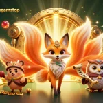 The nine-tailed fox spirit and wise owl sage illuminate the world of bettingsitesnotongamstop with treasure and magic.