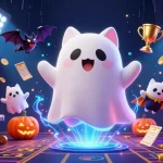 Xocdia game scene featuring a ghost cat and a bat in a haunted casino setting, surrounded by dynamic slot elements.