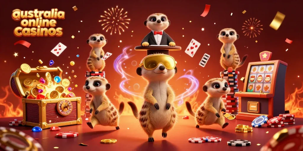 Engage with vibrant australia online casinos featuring playful meerkats in a casino-themed illustration.