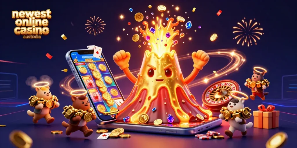 Experience fun and excitement with the newest online casino Australia featuring a golden volcano, treasure, and gaming elements.
