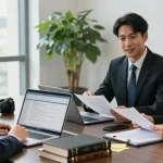 Professional legal consultation scene in a law office discussing web link.